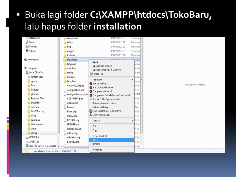 Buka lagi folder C:\XAMPP\htdocs\TokoBaru, lalu hapus folder installation