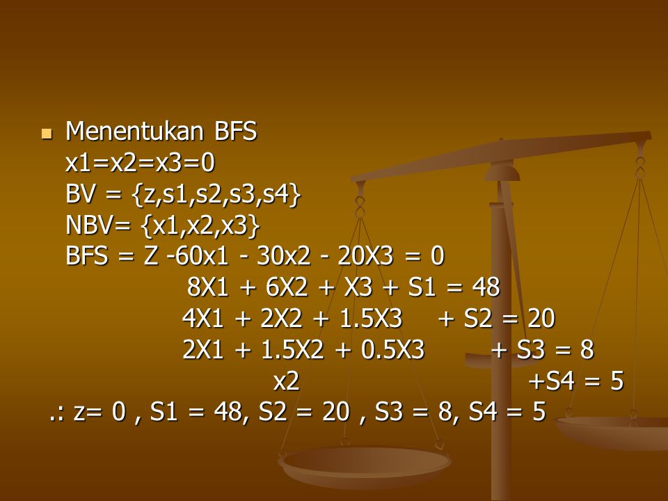 Menentukan BFS x1=x2=x3=0. BV = {z,s1,s2,s3,s4} NBV= {x1,x2,x3} BFS = Z -60x1 - 30x2 - 20X3 = 0.