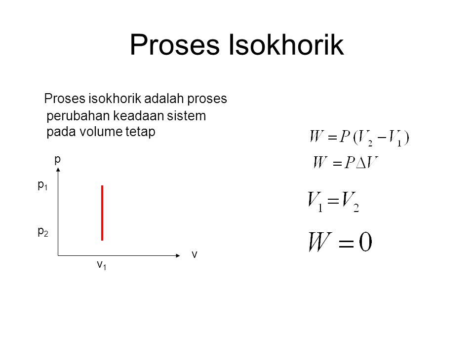 Proses Isokhorik Proses isokhorik adalah proses perubahan keadaan sistem pada volume tetap. v1. p1.
