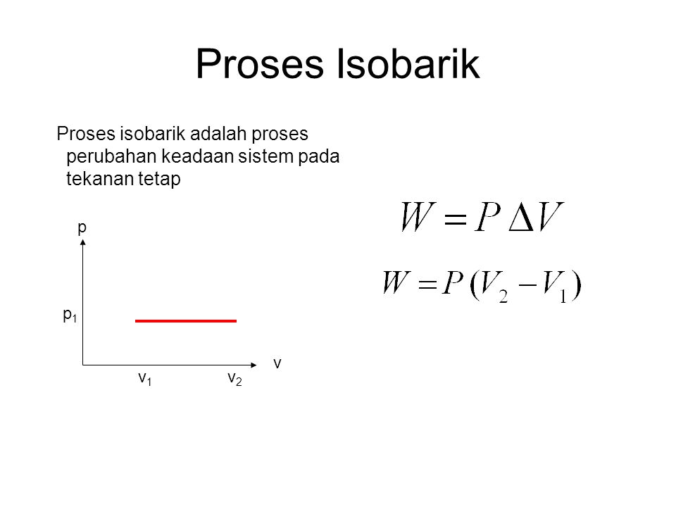 Proses Isobarik Proses isobarik adalah proses perubahan keadaan sistem pada tekanan tetap. v1. v.