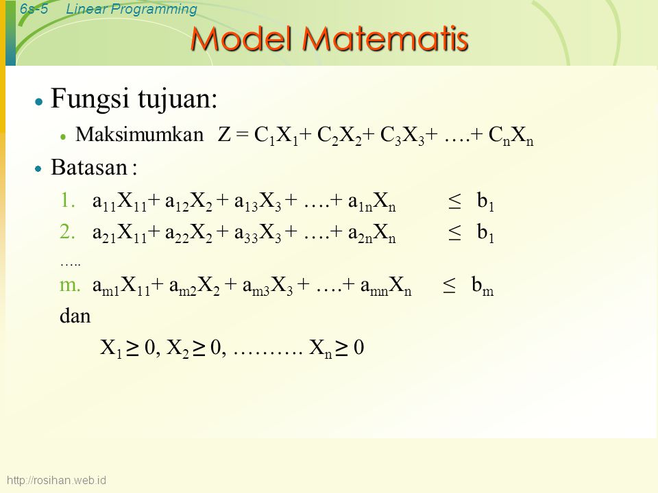 Model Matematis Fungsi tujuan: Batasan :