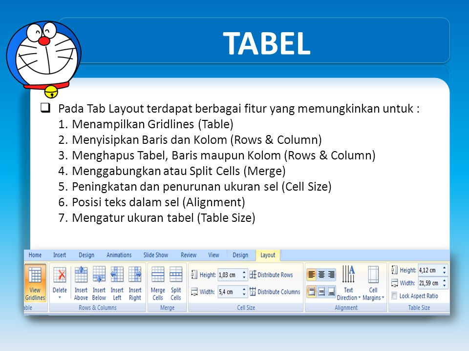 TABEL Pada Tab Layout terdapat berbagai fitur yang memungkinkan untuk : Menampilkan Gridlines (Table)