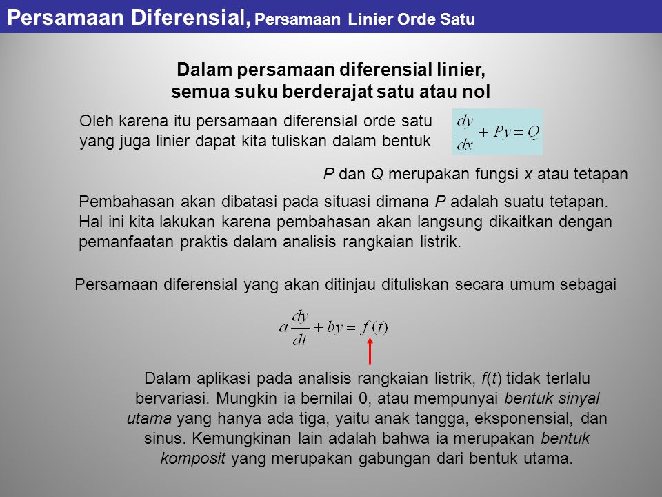 Persamaan Diferensial, Persamaan Linier Orde Satu