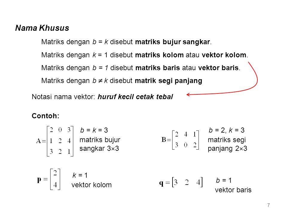Nama Khusus Matriks dengan b = k disebut matriks bujur sangkar.