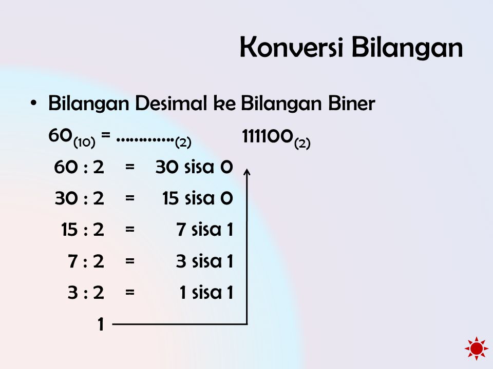 Konversi Bilangan Bilangan Desimal ke Bilangan Biner 60(10) = ………….(2)