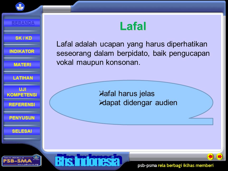 Lafal Lafal adalah ucapan yang harus diperhatikan seseorang dalam berpidato, baik pengucapan vokal maupun konsonan.