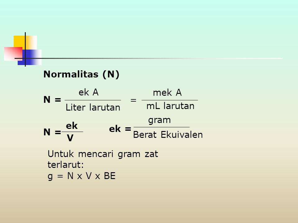 Normalitas (N) ek A. mek A. N = = Liter larutan. mL larutan. gram. ek. ek = N = Berat Ekuivalen.