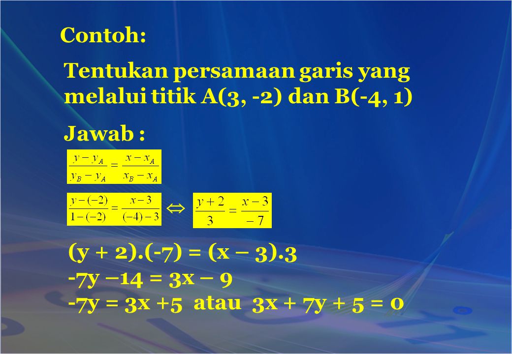 Tentukan persamaan garis yang melalui titik A(3, -2) dan B(-4, 1)