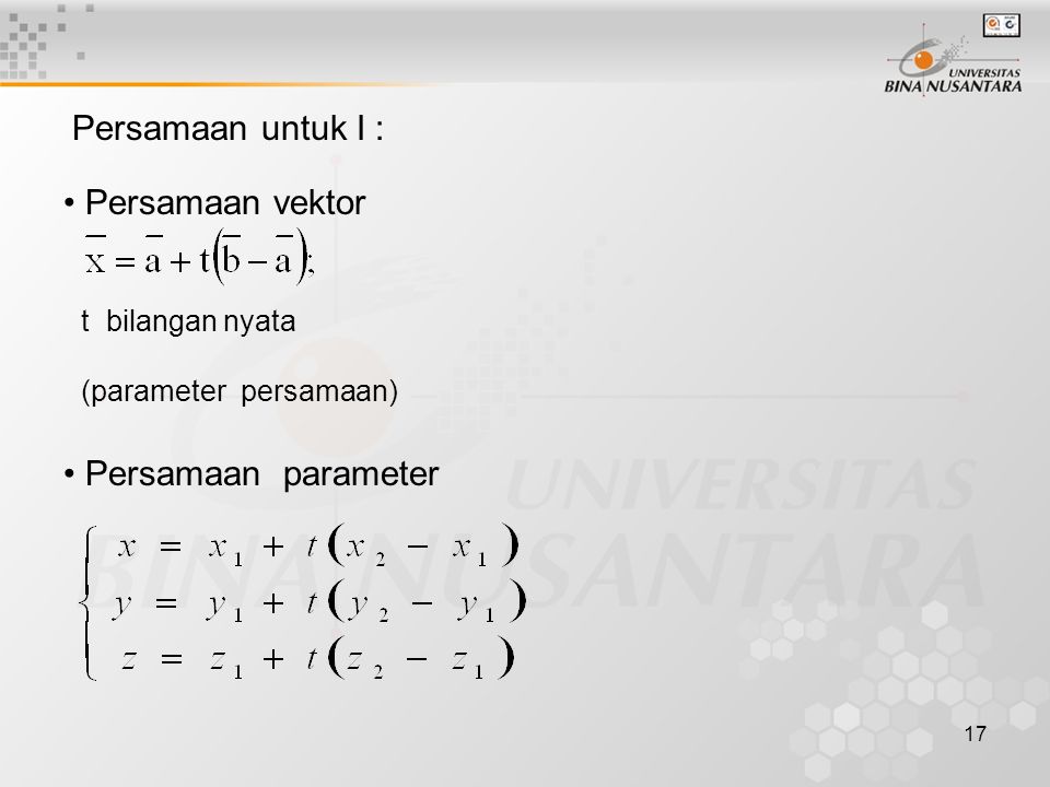 Persamaan untuk I : Persamaan vektor Persamaan parameter