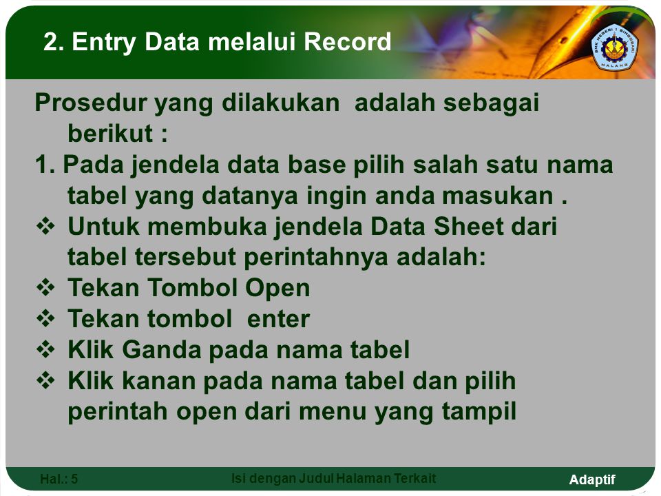 2. Entry Data melalui Record Isi dengan Judul Halaman Terkait