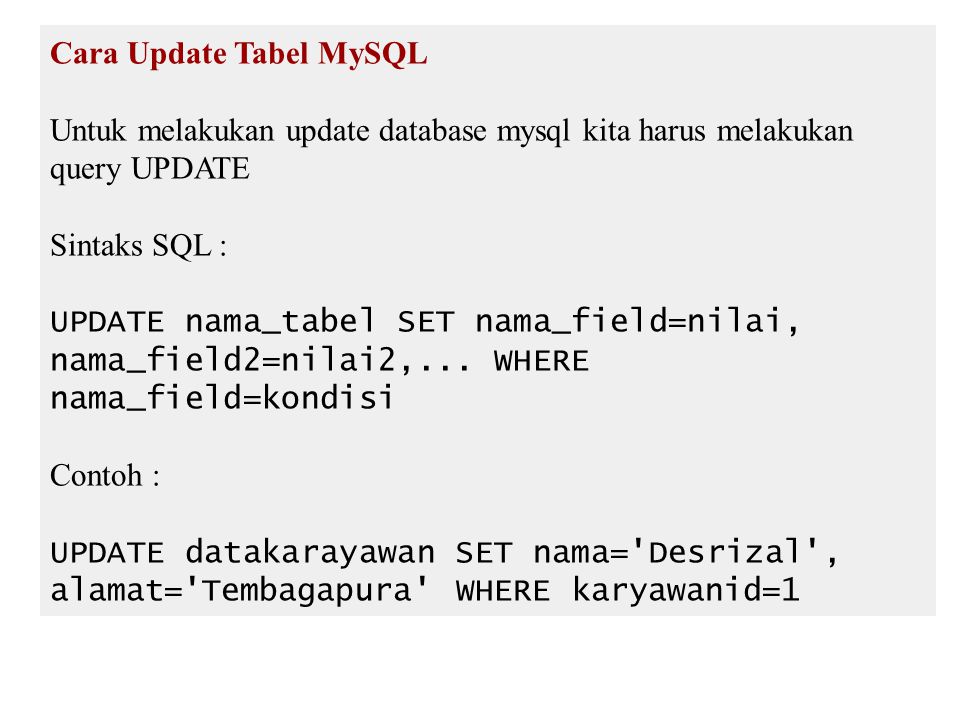 Cara Update Tabel MySQL