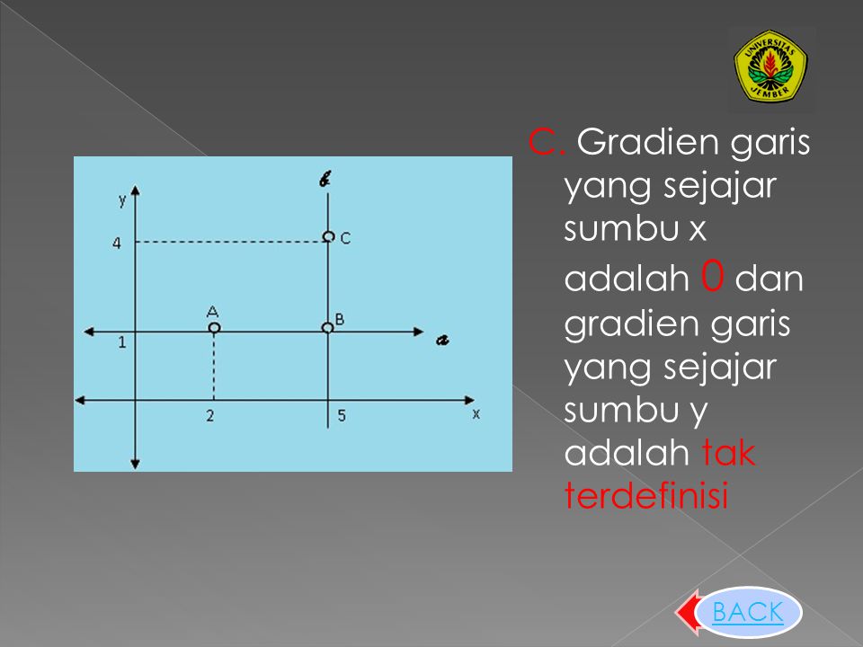 C. Gradien garis yang sejajar sumbu x adalah 0 dan gradien garis yang sejajar sumbu y adalah tak terdefinisi