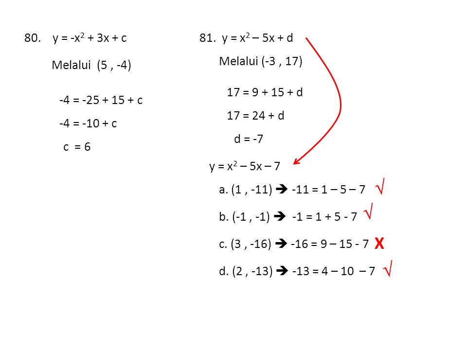   X  80. y = -x2 + 3x + c 81. y = x2 – 5x + d Melalui (-3 , 17)