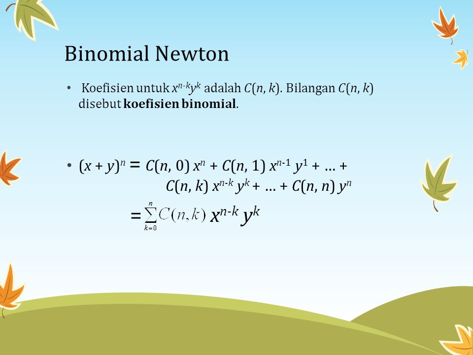 Binomial Newton Koefisien untuk xn-kyk adalah C(n, k). Bilangan C(n, k) disebut koefisien binomial.