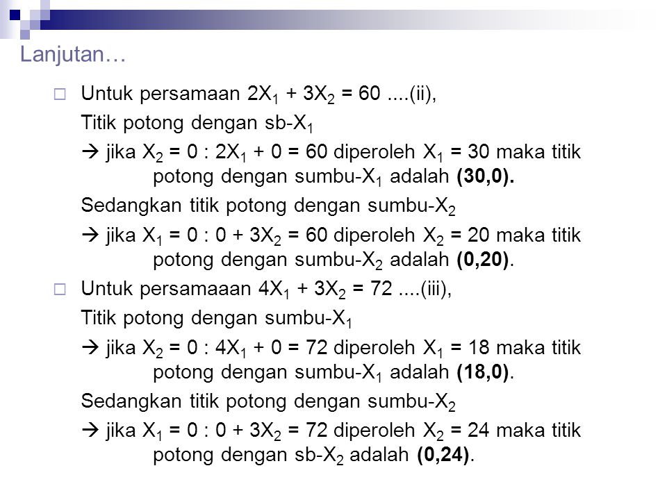 Lanjutan… Untuk persamaan 2X1 + 3X2 = (ii),