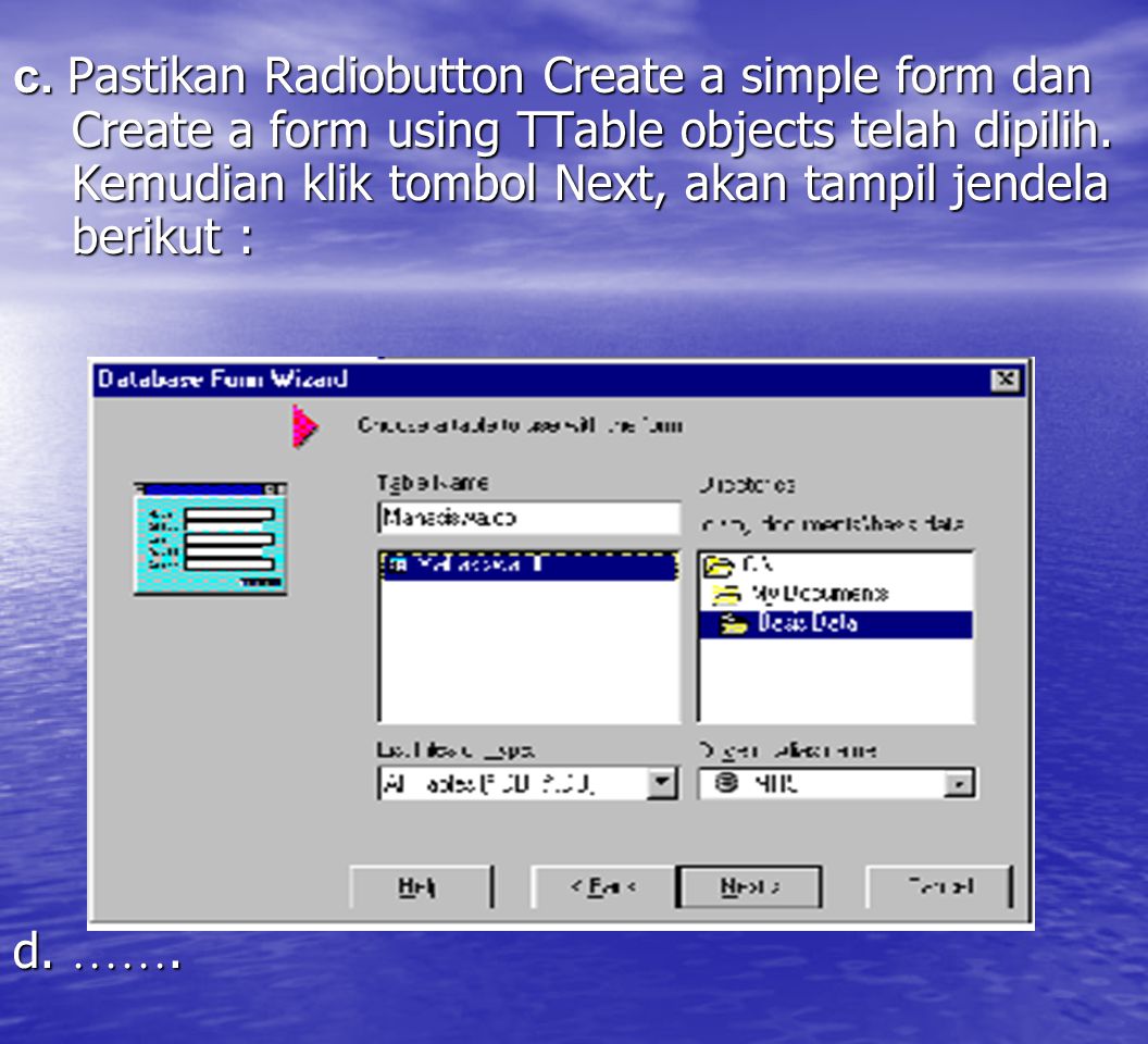 c. Pastikan Radiobutton Create a simple form dan Create a form using TTable objects telah dipilih. Kemudian klik tombol Next, akan tampil jendela berikut :