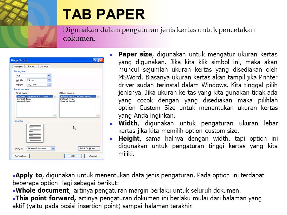 TAB PAPER Digunakan dalam pengaturan jenis kertas untuk pencetakan dokumen.