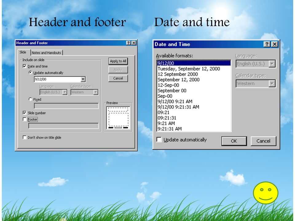 Header and footer Date and time