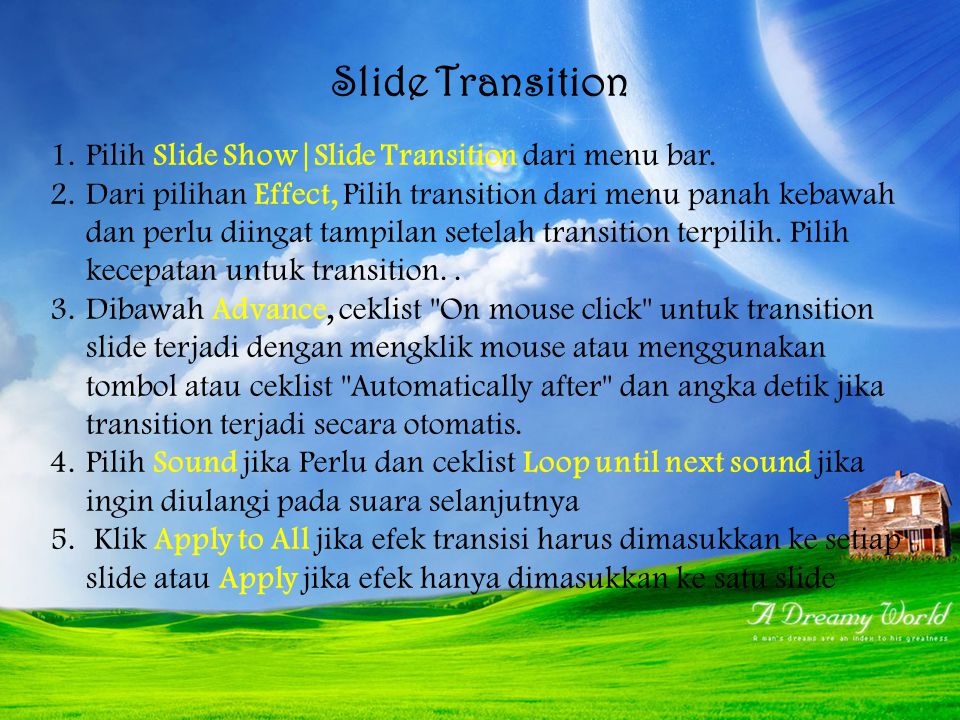 Slide Transition Pilih Slide Show|Slide Transition dari menu bar.