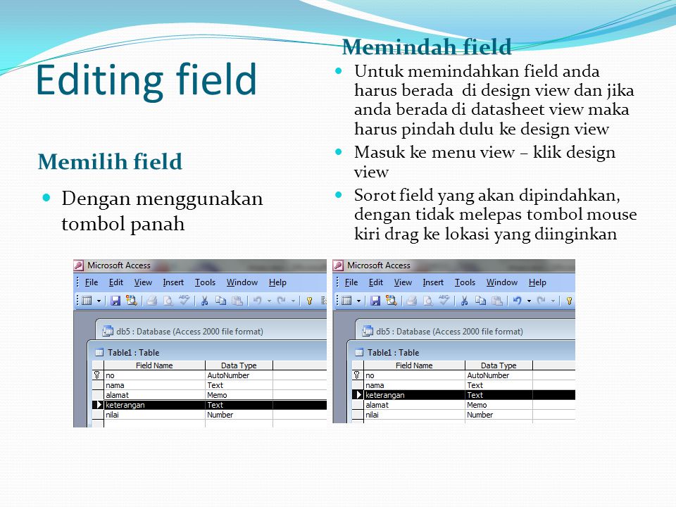 Editing field Memindah field Memilih field