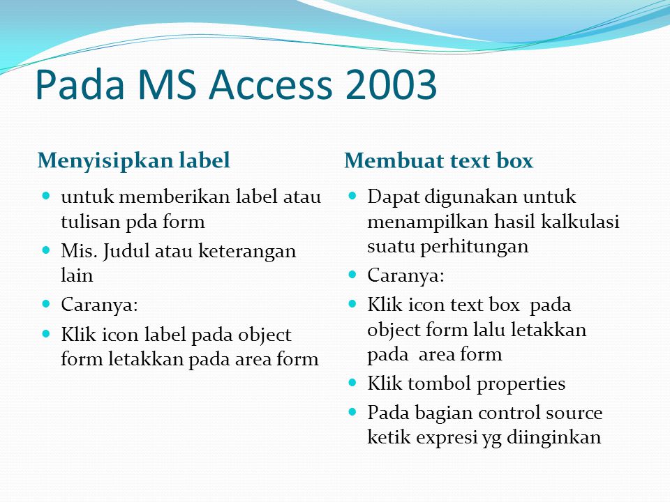 Pada MS Access 2003 Menyisipkan label Membuat text box