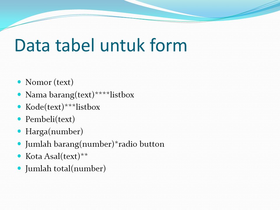 Data tabel untuk form Nomor (text) Nama barang(text)****listbox