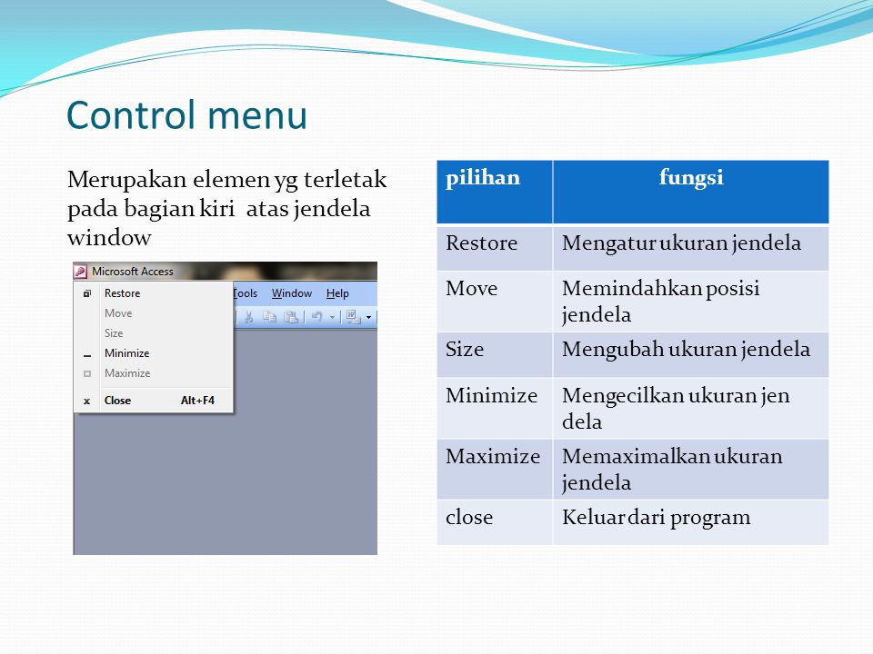 Control menu Merupakan elemen yg terletak pada bagian kiri atas jendela window. pilihan. fungsi.