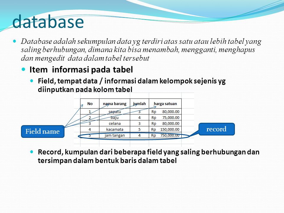 database Item informasi pada tabel