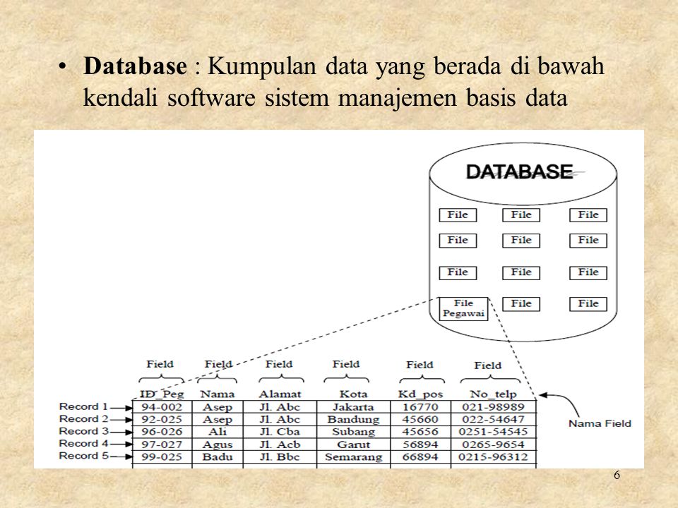Database : Kumpulan data yang berada di bawah kendali software sistem manajemen basis data