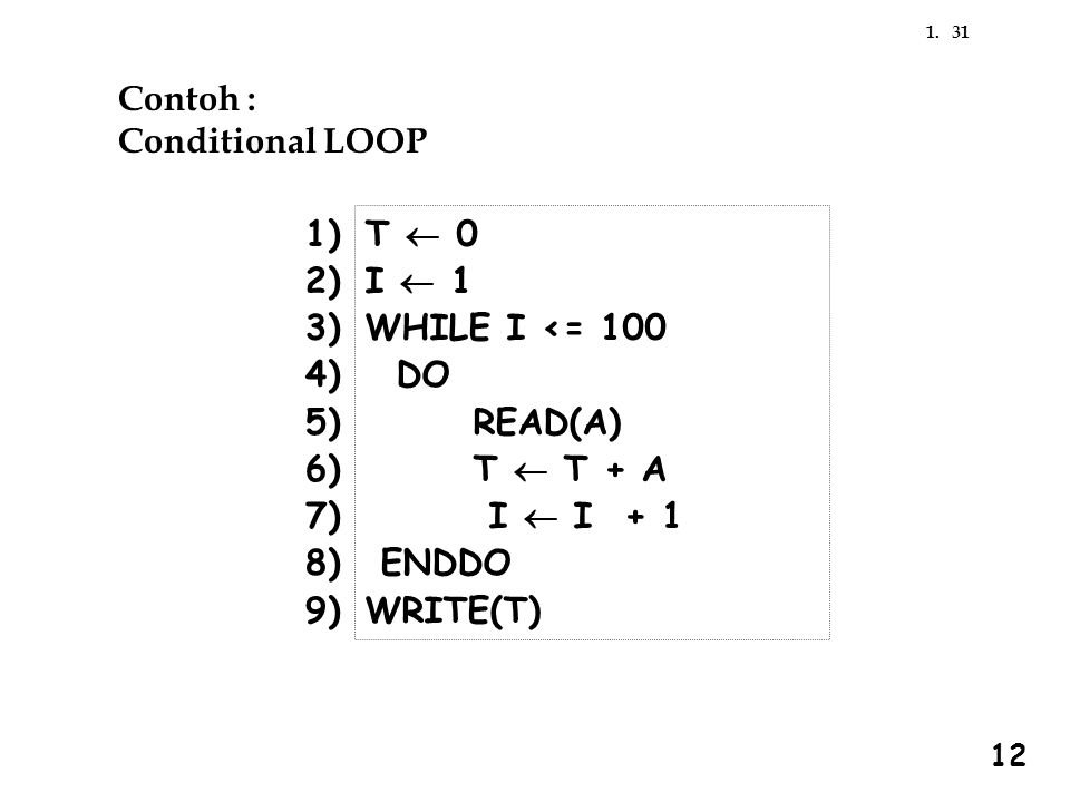 Contoh : Conditional LOOP 1) 2) 3) 4) 5) 6) 7) 8) 9) T ¬ 0 I ¬ 1