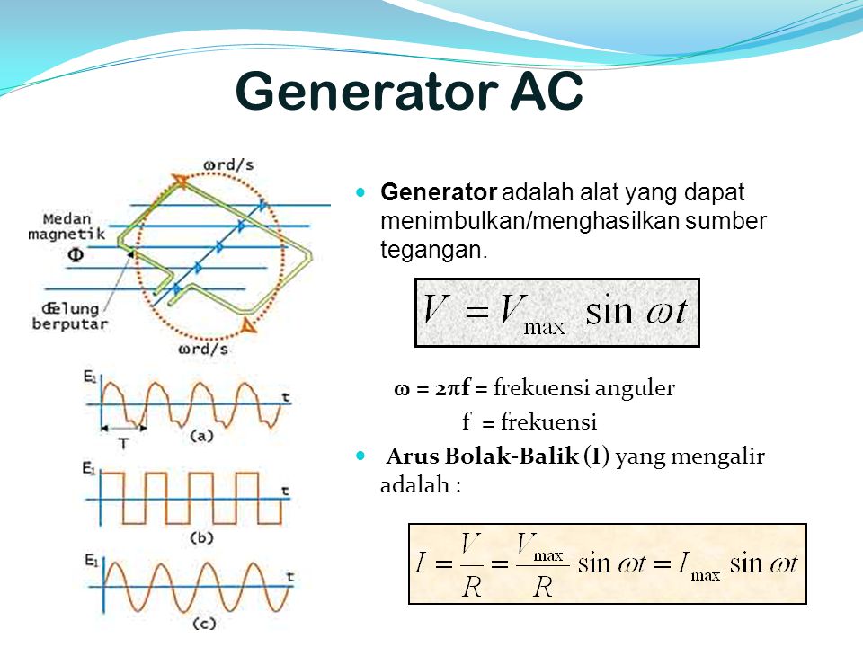 Generator AC Generator adalah alat yang dapat menimbulkan/menghasilkan sumber tegangan.  = 2f = frekuensi anguler.