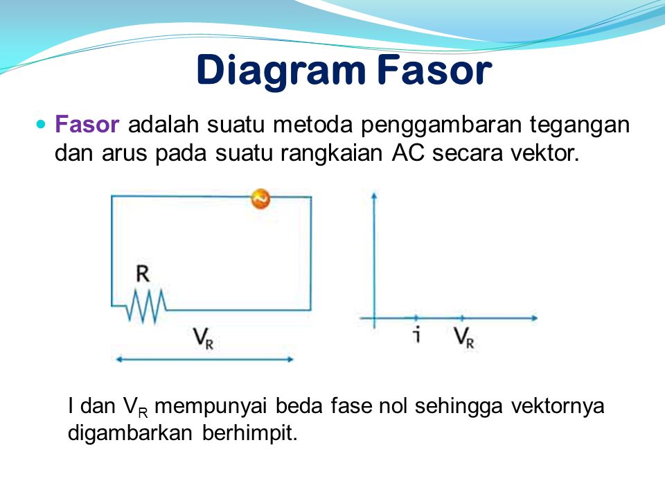 Diagram Fasor Fasor adalah suatu metoda penggambaran tegangan dan arus pada suatu rangkaian AC secara vektor.
