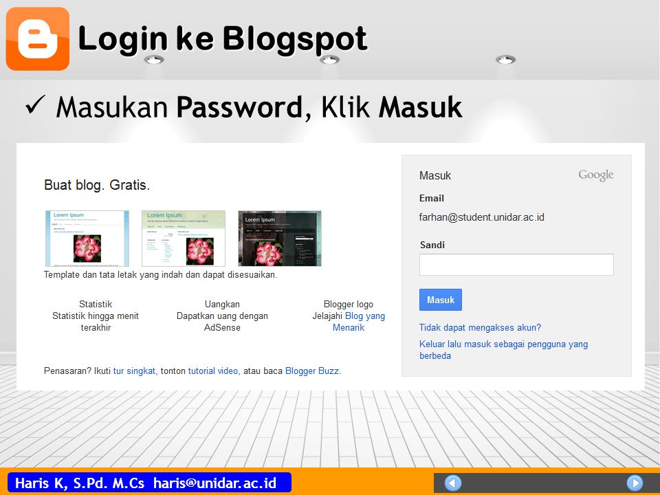 Login ke Blogspot Masukan Password, Klik Masuk