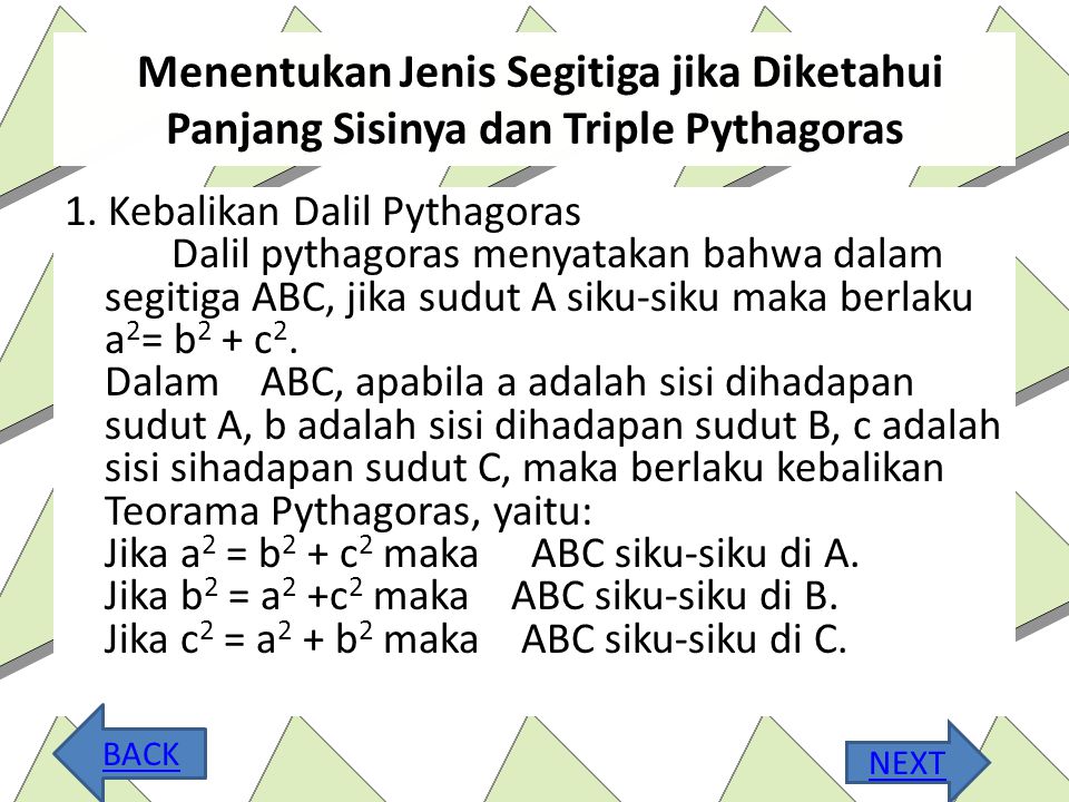 Menentukan Jenis Segitiga jika Diketahui Panjang Sisinya dan Triple Pythagoras