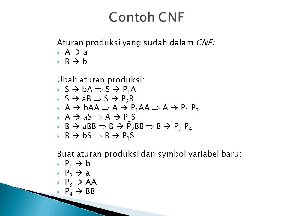 Contoh CNF Aturan produksi yang sudah dalam CNF: A  a B  b