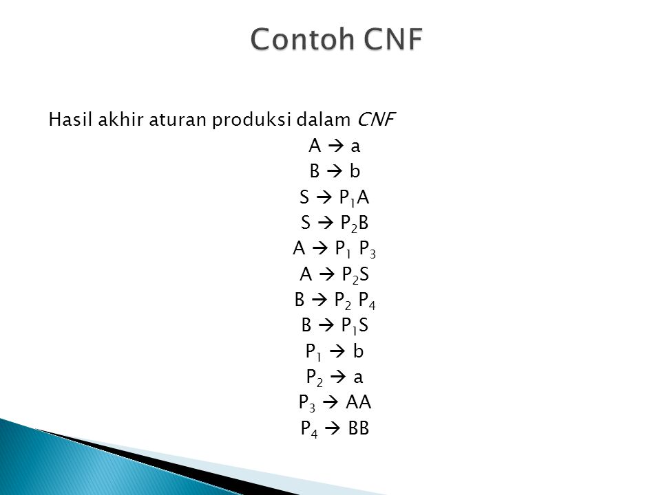 Contoh CNF Hasil akhir aturan produksi dalam CNF A  a B  b S  P1A S  P2B A  P1 P3 A  P2S B  P2 P4 B  P1S P1  b P2  a P3  AA P4  BB