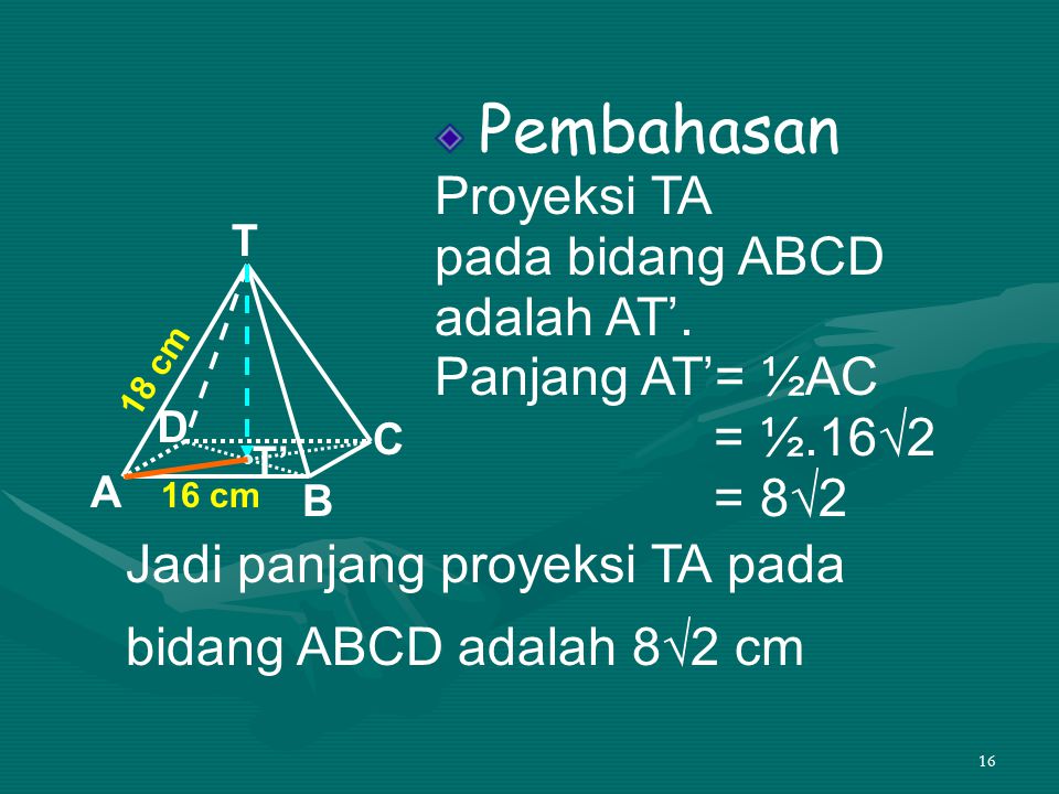 Jadi panjang proyeksi TA pada bidang ABCD adalah 8√2 cm