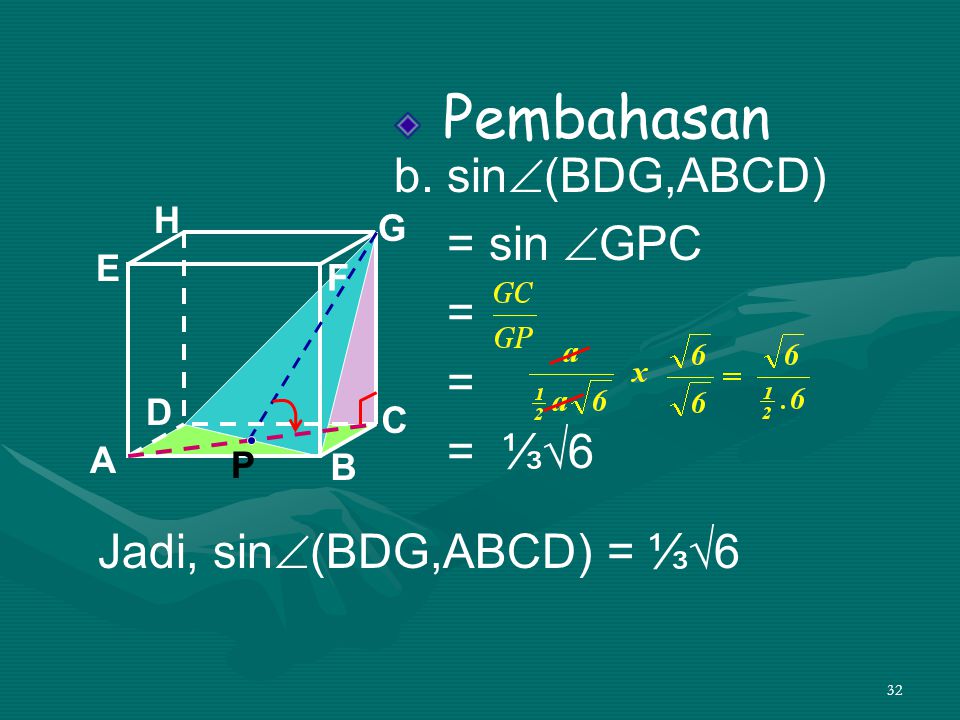 Jadi, sin(BDG,ABCD) = ⅓√6