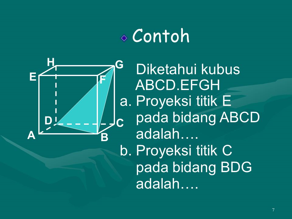 Contoh Diketahui kubus ABCD.EFGH a. Proyeksi titik E pada bidang ABCD