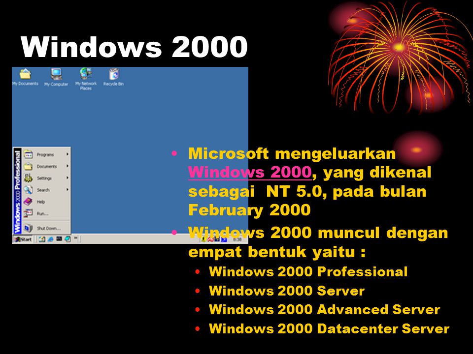 Windows 2000 Microsoft mengeluarkan Windows 2000, yang dikenal sebagai NT 5.0, pada bulan February