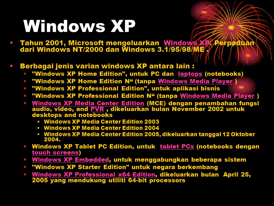 Windows XP Tahun 2001, Microsoft mengeluarkan Windows XP. Perpaduan dari Windows NT/2000 dan Windows 3.1/95/98/ME .