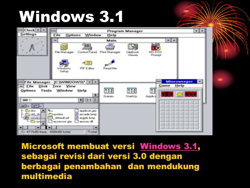 Windows 3.1 Microsoft membuat versi Windows 3.1, sebagai revisi dari versi 3.0 dengan berbagai penambahan dan mendukung multimedia.