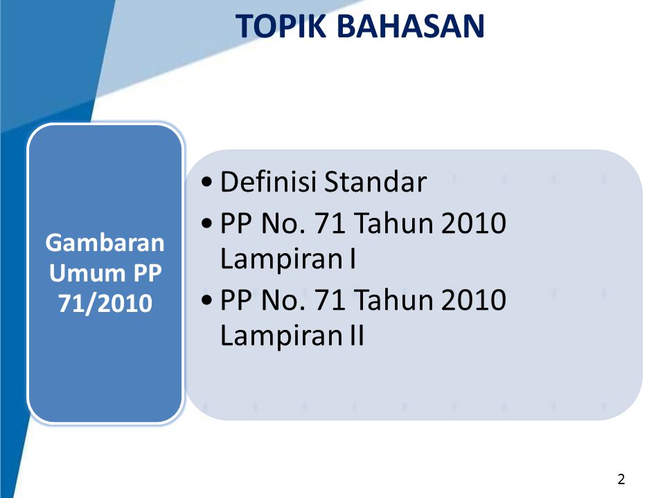 TOPIK BAHASAN Definisi Standar PP No. 71 Tahun 2010 Lampiran I