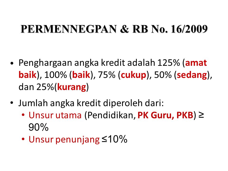 PERMENNEGPAN & RB No. 16/2009 Penghargaan angka kredit adalah 125% (amat baik), 100% (baik), 75% (cukup), 50% (sedang), dan 25%(kurang)