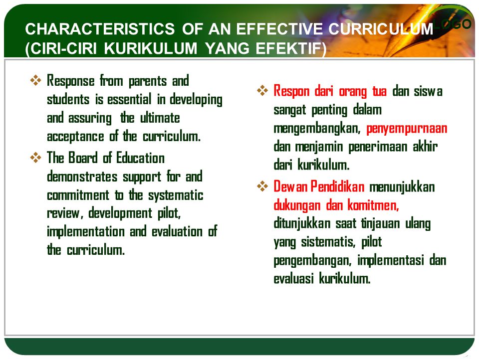 CHARACTERISTICS OF AN EFFECTIVE CURRICULUM (CIRI-CIRI KURIKULUM YANG EFEKTIF)