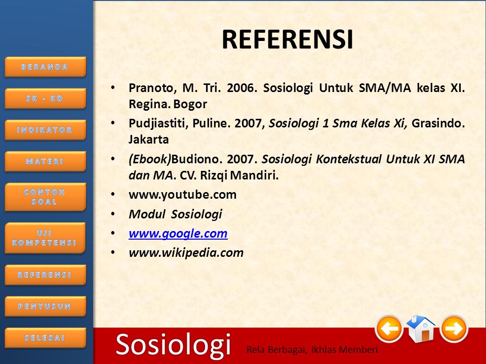 REFERENSI Pranoto, M. Tri Sosiologi Untuk SMA/MA kelas XI. Regina. Bogor.
