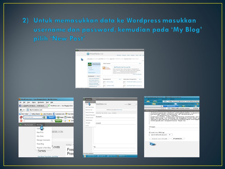 Untuk memasukkan data ke Wordpress masukkan username dan password, kemudian pada ‘My Blog’ pilih ‘New Post’
