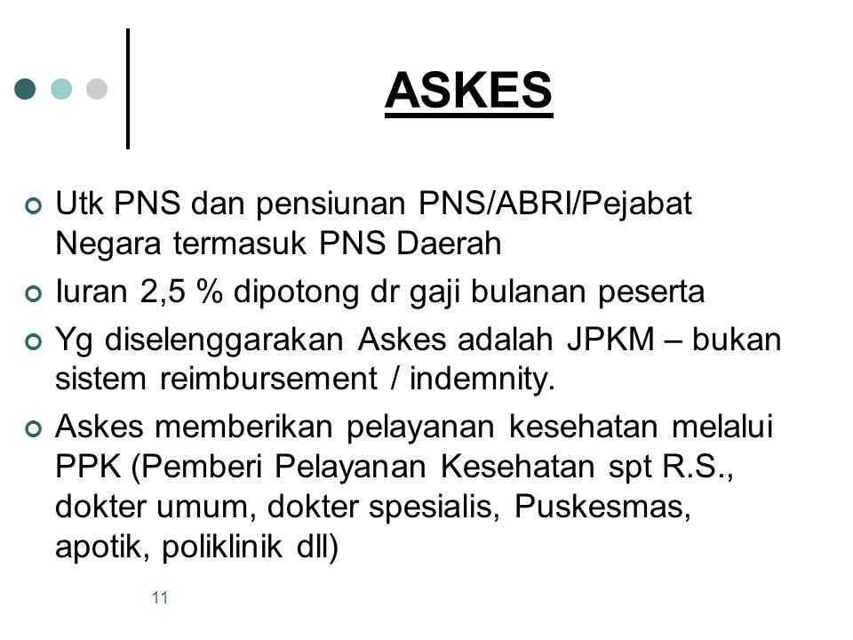 ASKES Utk PNS dan pensiunan PNS/ABRI/Pejabat Negara termasuk PNS Daerah. Iuran 2,5 % dipotong dr gaji bulanan peserta.