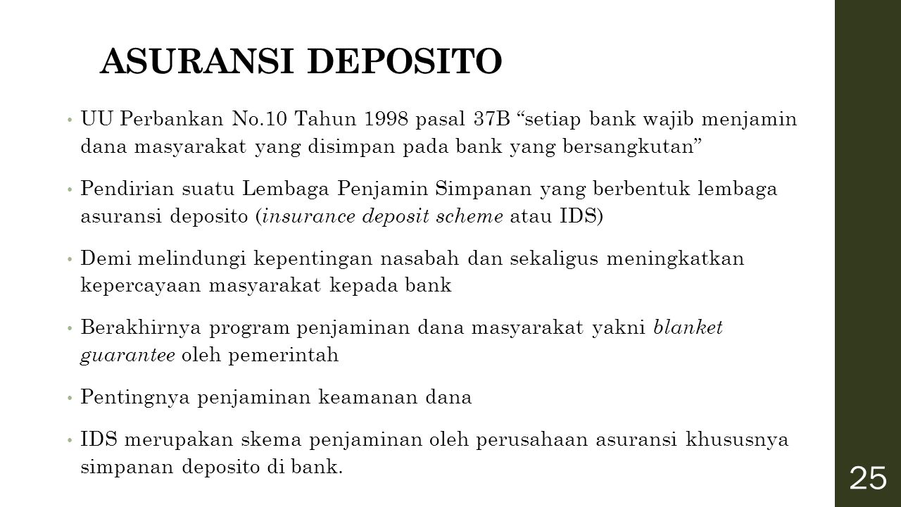 ASURANSI DEPOSITO UU Perbankan No.10 Tahun 1998 pasal 37B setiap bank wajib menjamin dana masyarakat yang disimpan pada bank yang bersangkutan