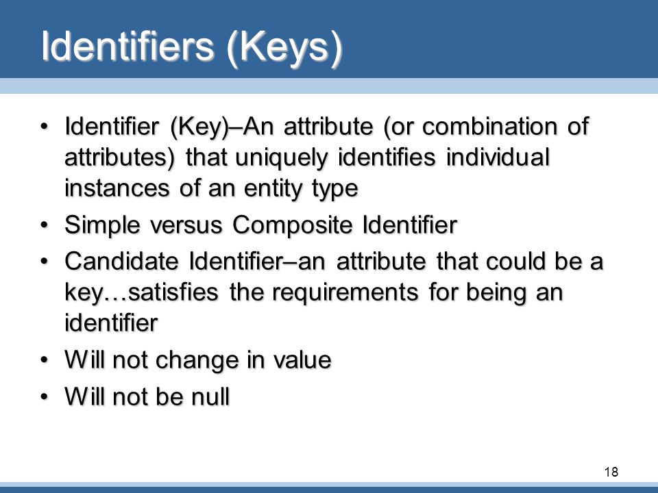 Identifiers (Keys) Identifier (Key)–An attribute (or combination of attributes) that uniquely identifies individual instances of an entity type.